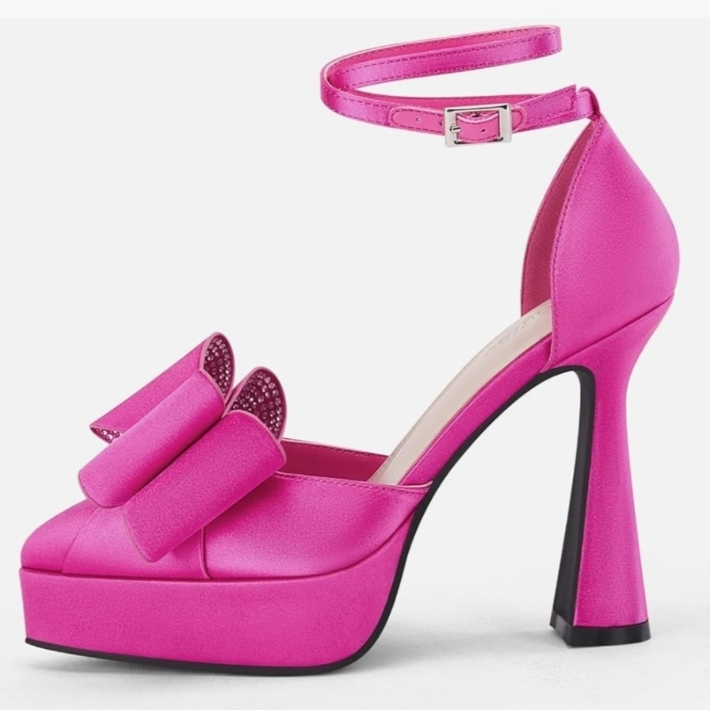 Barbie Women's Elegant Pink Bow Satin Pumps Heels Party Shoes 9.5